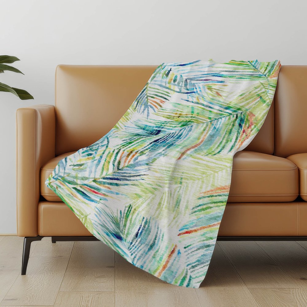 50" X 70" Ivory Blue And Green Leaves Microfiber Plush Throw Blanket