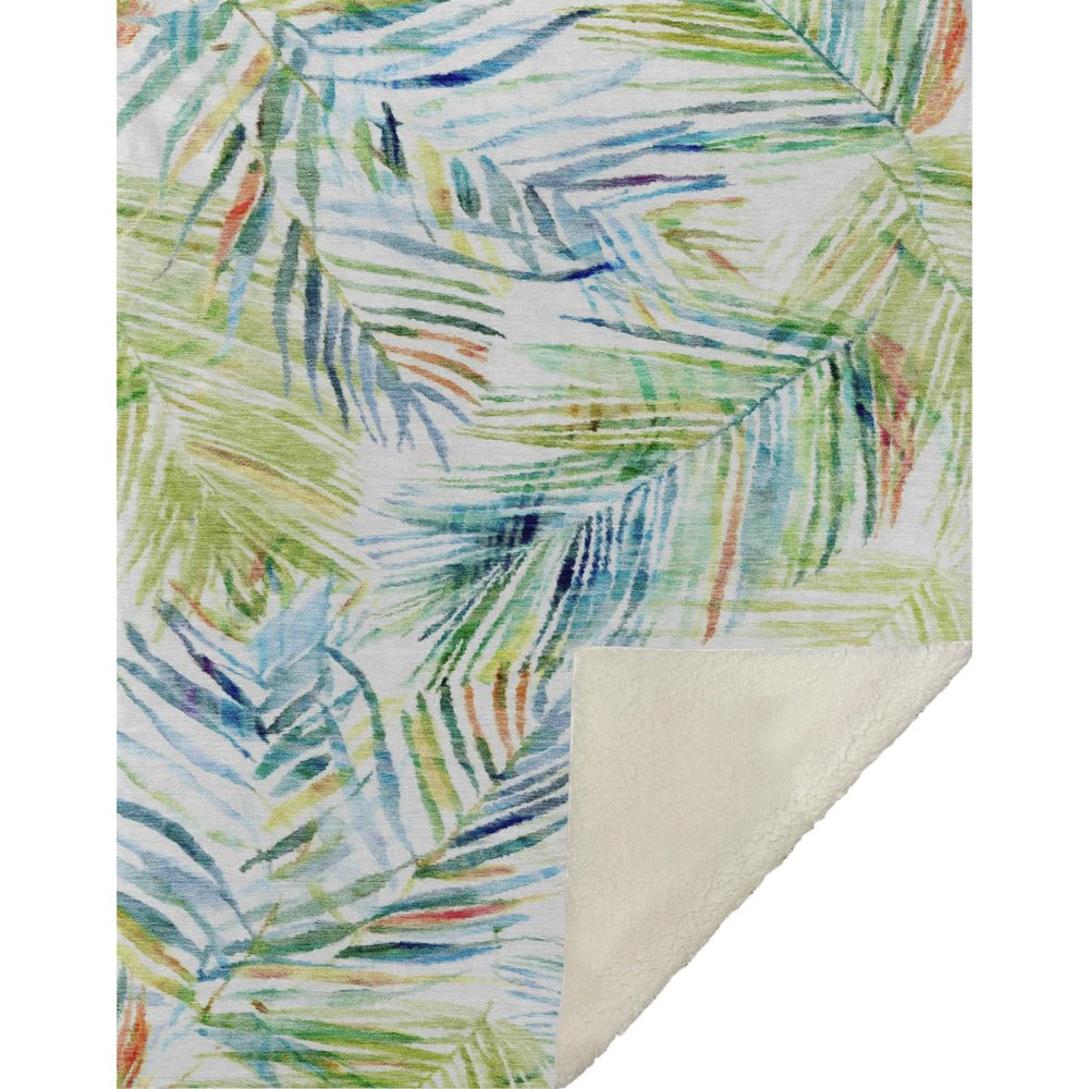 50" X 70" Ivory Blue And Green Leaves Microfiber Plush Throw Blanket