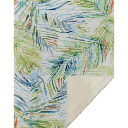 50" X 70" Ivory Blue And Green Leaves Microfiber Plush Throw Blanket