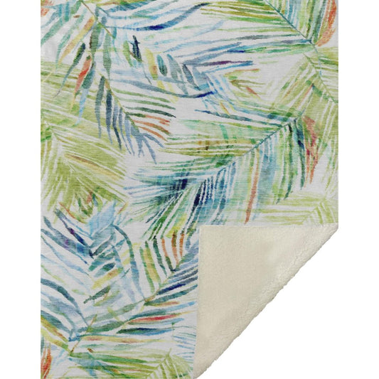50" X 70" Ivory Blue And Green Microfiber Leaves Plush Throw Blanket