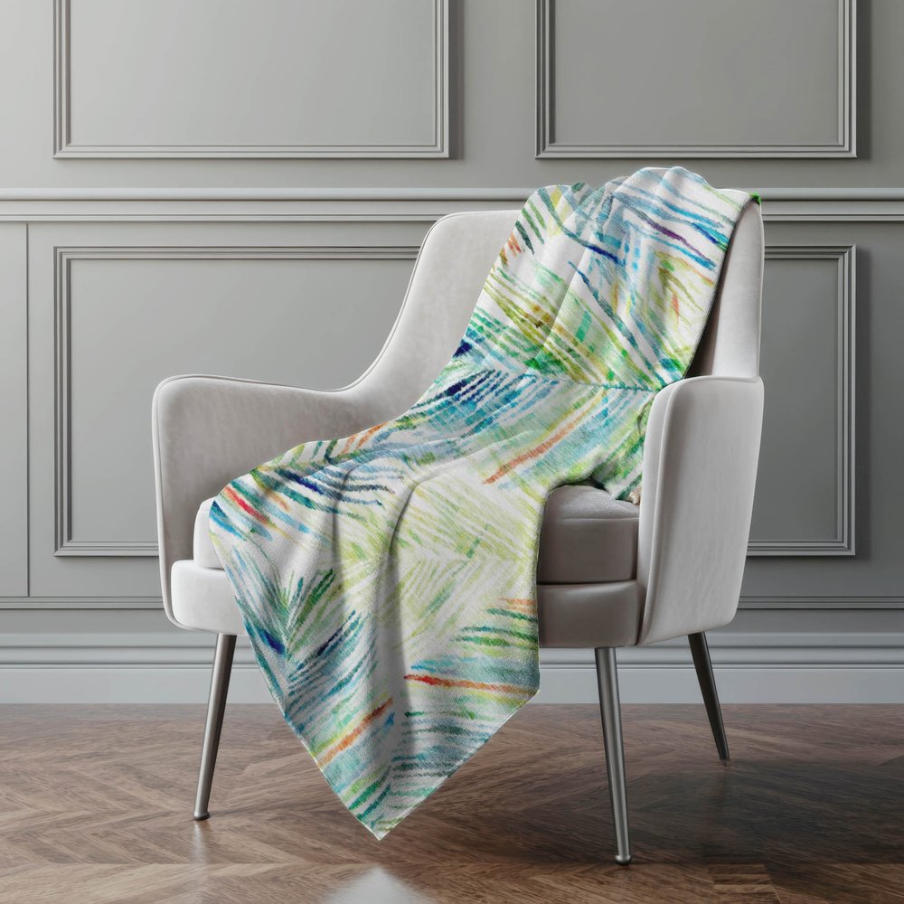 50" X 70" Ivory Blue And Green Leaves Polyester Woven Plush Throw Blanket