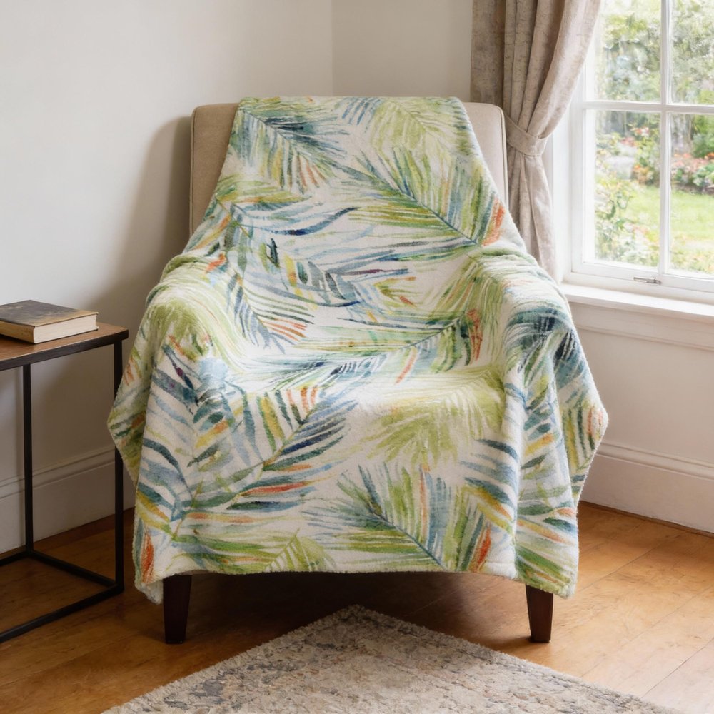 50" X 70" Ivory Blue And Green Leaves Microfiber Plush Throw Blanket