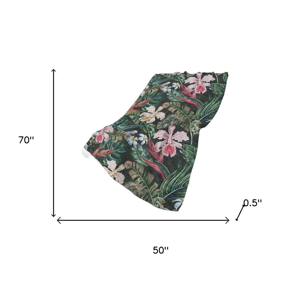 50" X 70" Midnight Green And Pink Floral Polyester Woven Plush Throw Blanket