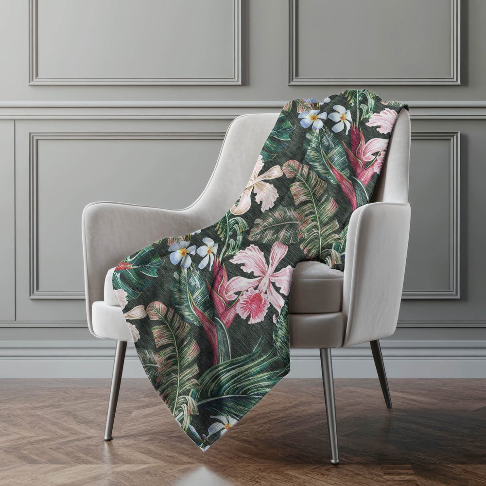 50" X 70" Midnight Green And Pink Floral Polyester Woven Plush Throw Blanket