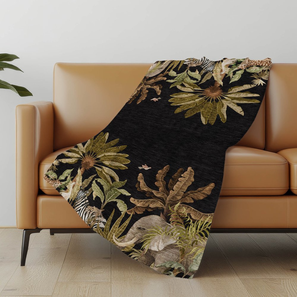 50" X 70" Midnight Olive Green And Ivory Animal Print Microfiber Plush Throw Blanket