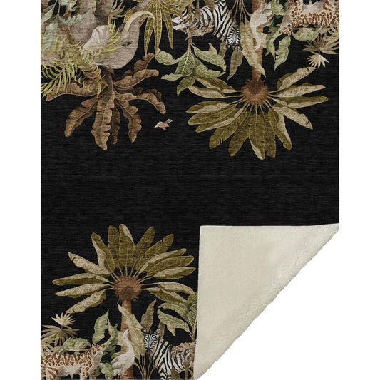 50" X 70" Midnight Olive Green And Ivory Microfiber Animal Print Plush Throw Blanket