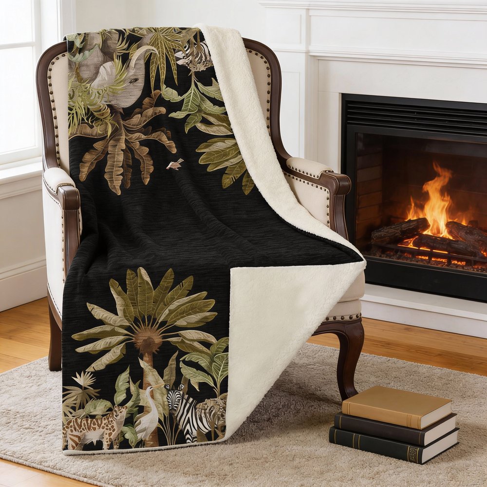 50" X 70" Midnight Olive Green And Ivory Animal Print Microfiber Plush Throw Blanket