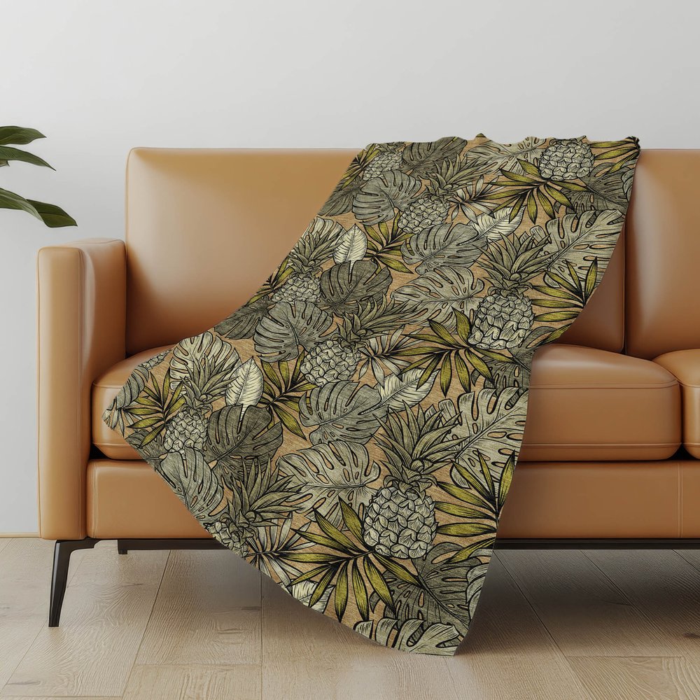 50" X 70" Chocolate Ivory And Taupe Leaves Polyester Woven Plush Throw Blanket