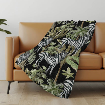 50" X 70" Midnight Ivory And Olive Green Animal Print Polyester Woven Plush Throw Blanket