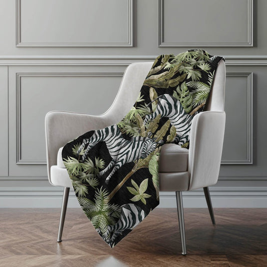 50" X 70" Midnight Ivory And Olive Green Animal Print Polyester Woven Plush Throw Blanket