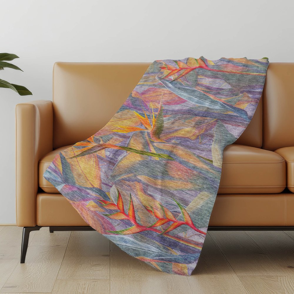 50" X 70" Peach Blue And Orange Animal Print Polyester Woven Plush Throw Blanket