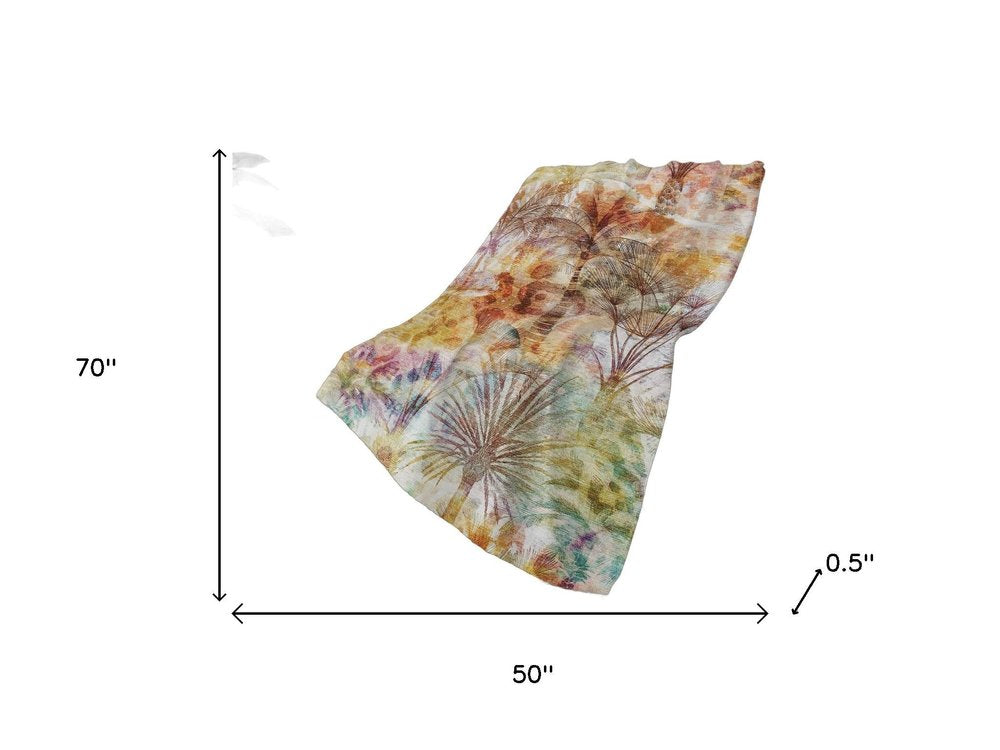 50" X 70" Ivory Peach And Blue Leaves Polyester Woven Plush Throw Blanket