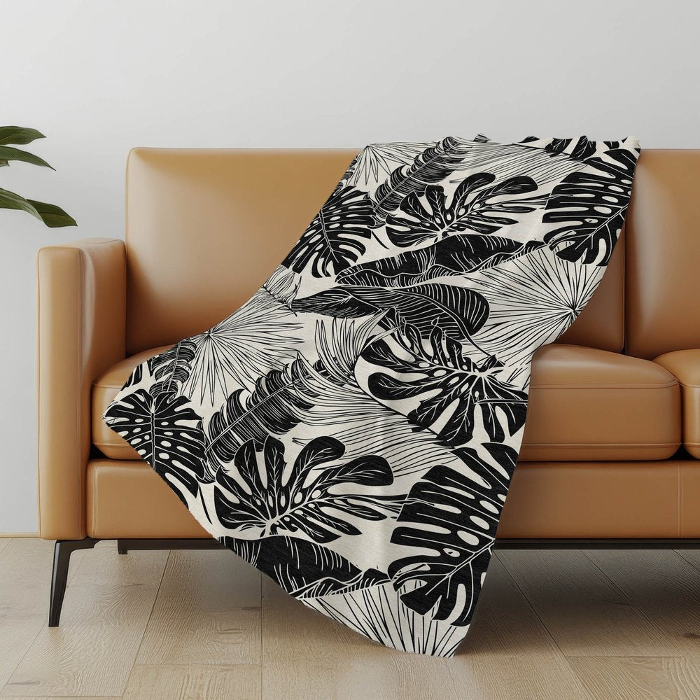50" X 70" Midnight And Ivory Leaves Polyester Woven Plush Throw Blanket