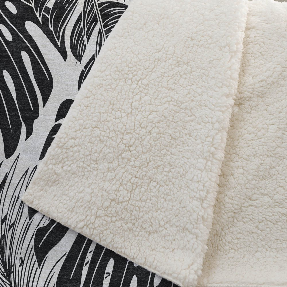 50" X 70" Midnight And Ivory Leaves Polyester Woven Plush Throw Blanket