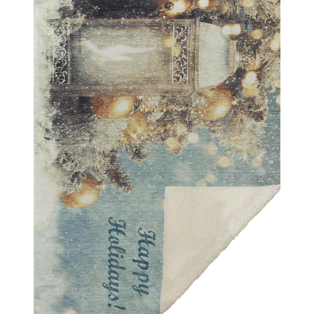 50" X 70" Blue Gold And Ivory Floral Microfiber Plush Throw Blanket