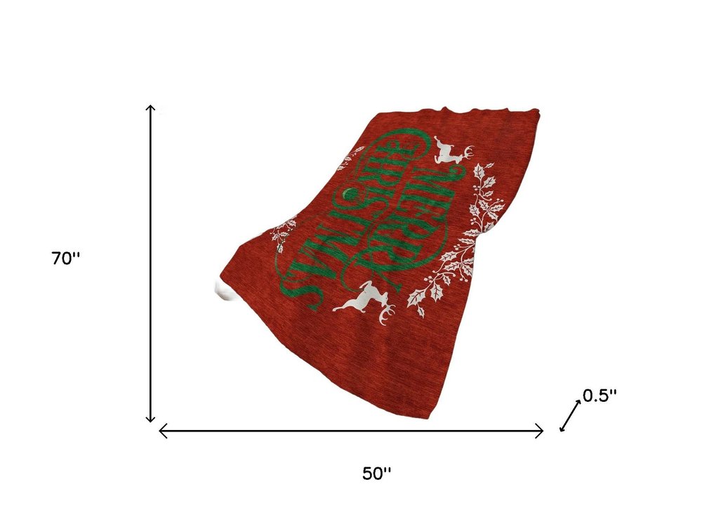 50" X 70" Ruby Red Green And Ivory Floral Polyester Woven Plush Throw Blanket