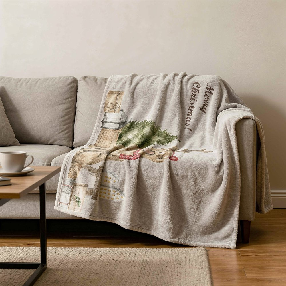 50" X 70" Taupe Green And Red Microfiber Animal Print Plush Throw Blanket