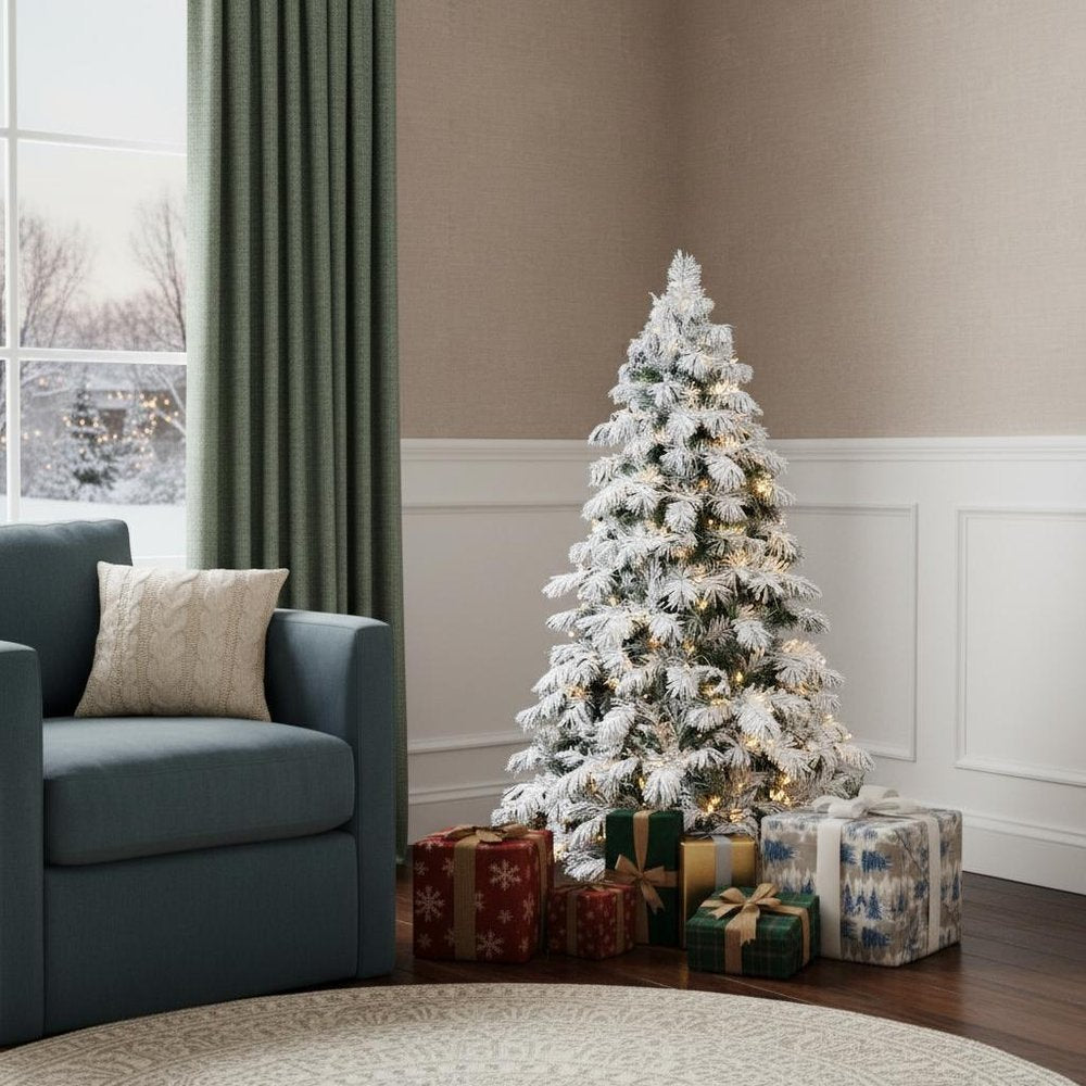 7' Pre Lit Full Flocked Pine Christmas Tree