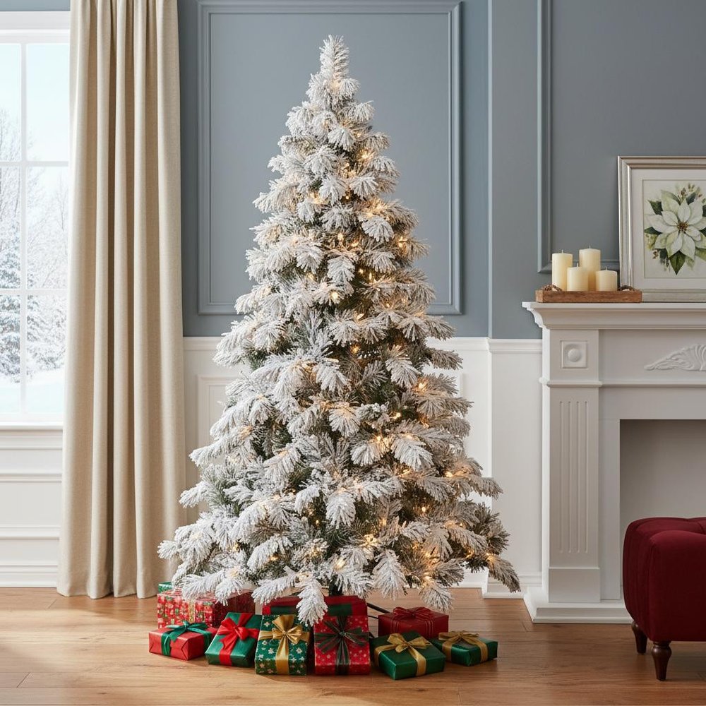 7' Pre Lit Full Flocked Pine Christmas Tree