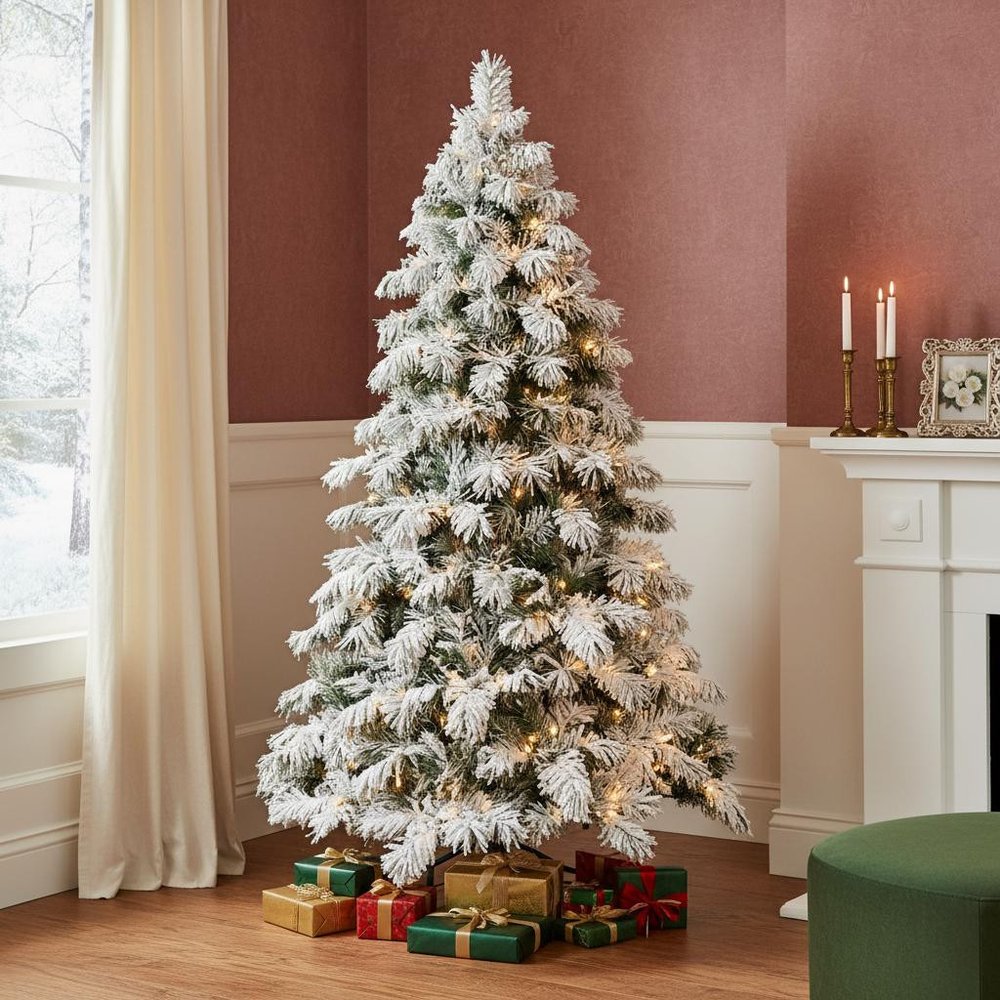 7' Pre Lit Full Flocked Pine Christmas Tree