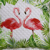 20" Green Off White And Pink Flamingo Throw Pillow Cover with Fringe