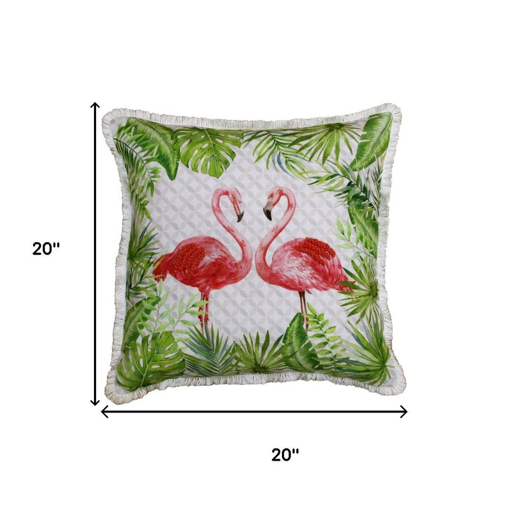 20" Green Off White And Pink Flamingo Throw Pillow Cover with Fringe