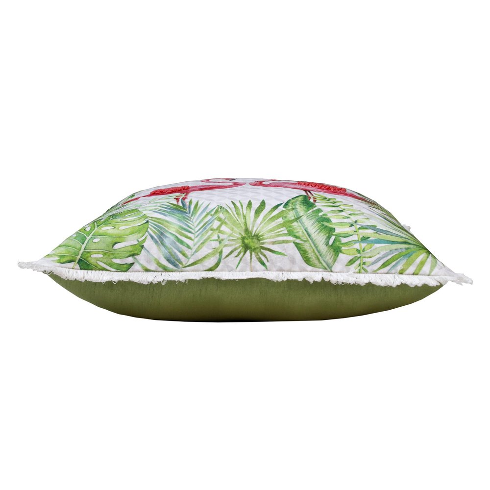 20" Green Off White And Pink Flamingo Throw Pillow Cover with Fringe