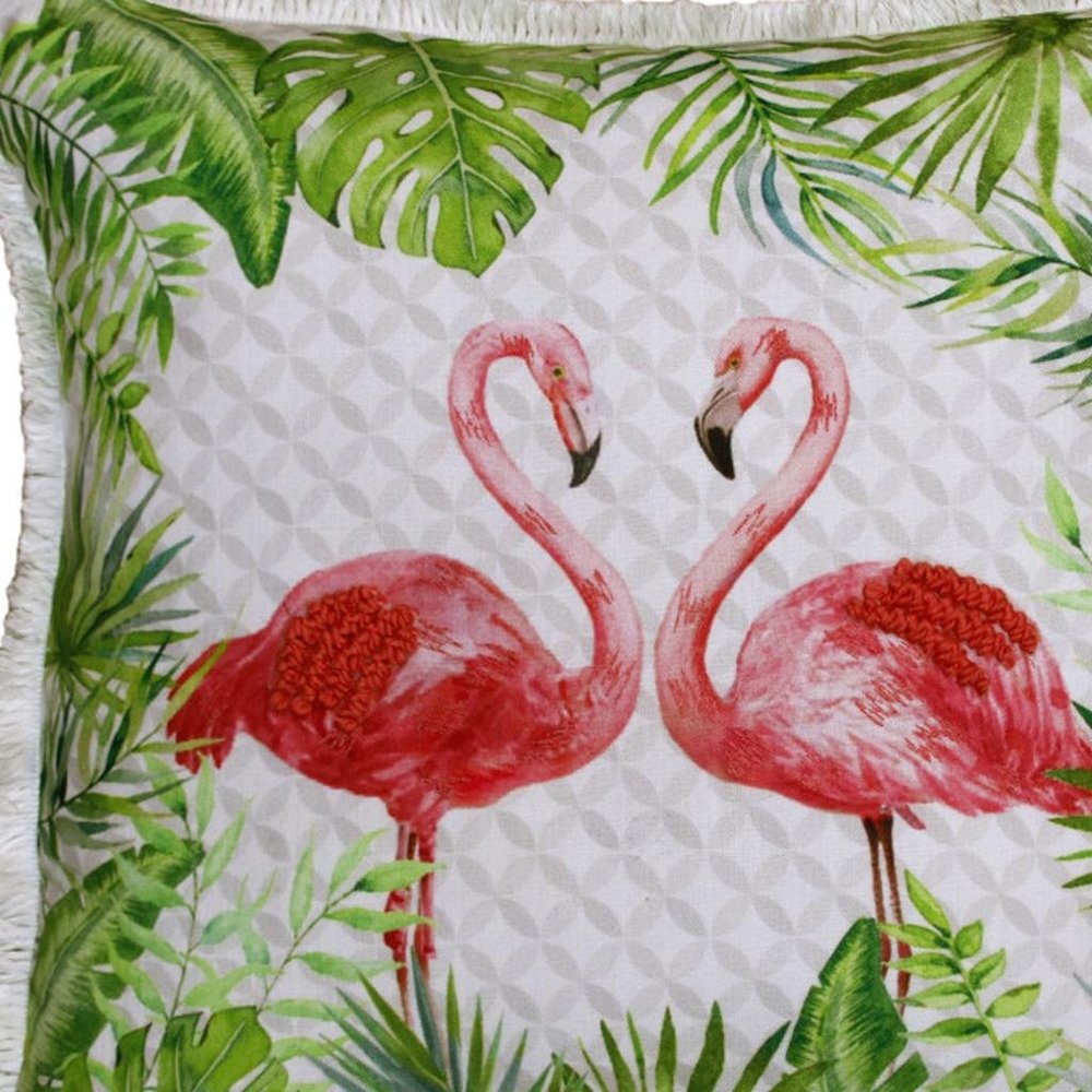 20" Green Off White And Pink Flamingo Throw Pillow Cover with Fringe