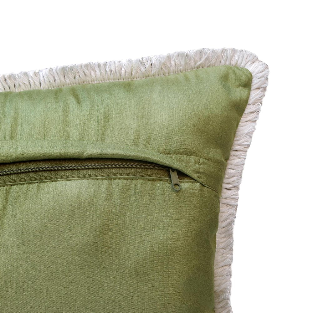 20" Green Off White And Pink Flamingo Throw Pillow Cover with Fringe