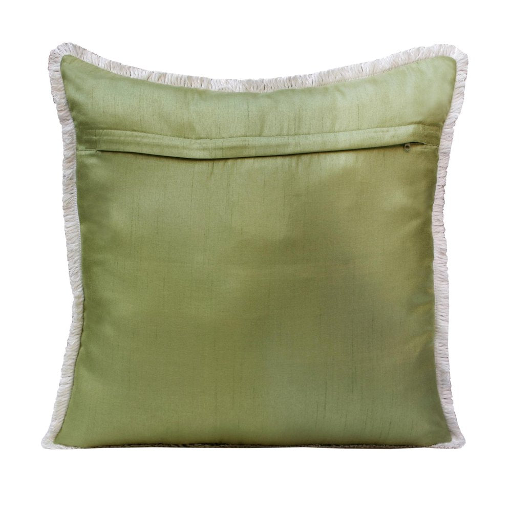 20" Green Off White And Pink Flamingo Throw Pillow Cover with Fringe
