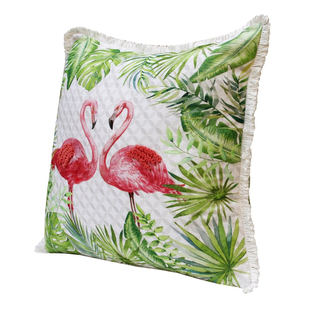 20" Green Off White And Pink Flamingo Throw Pillow Cover with Fringe