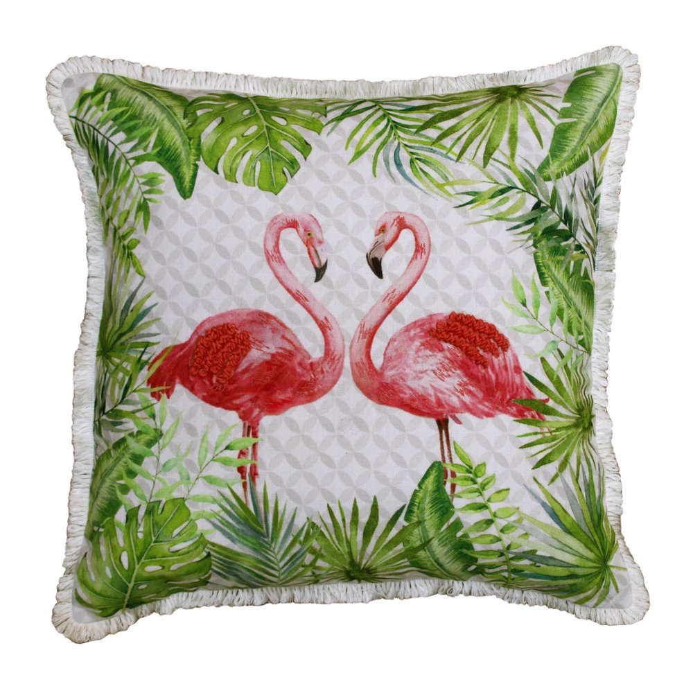 20" Green Off White And Pink Flamingo Throw Pillow Cover with Fringe