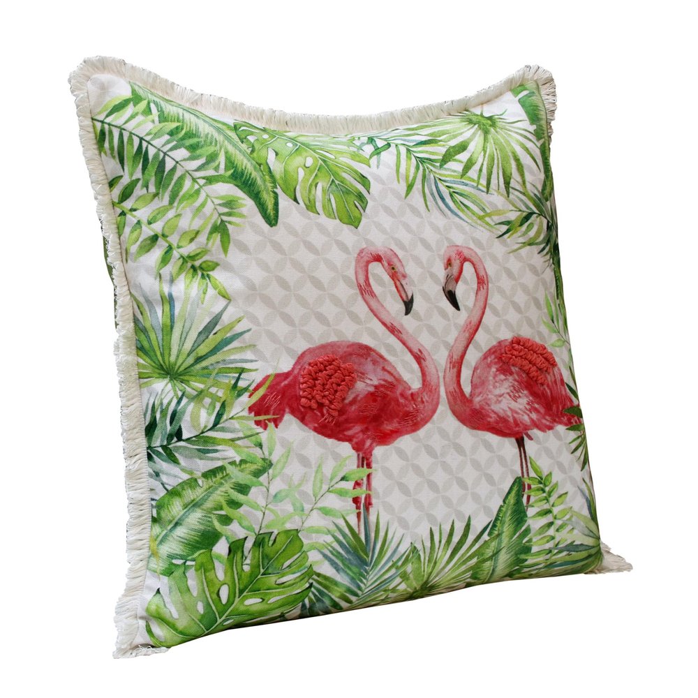 20" Green Off White And Pink Flamingo Throw Pillow Cover with Fringe