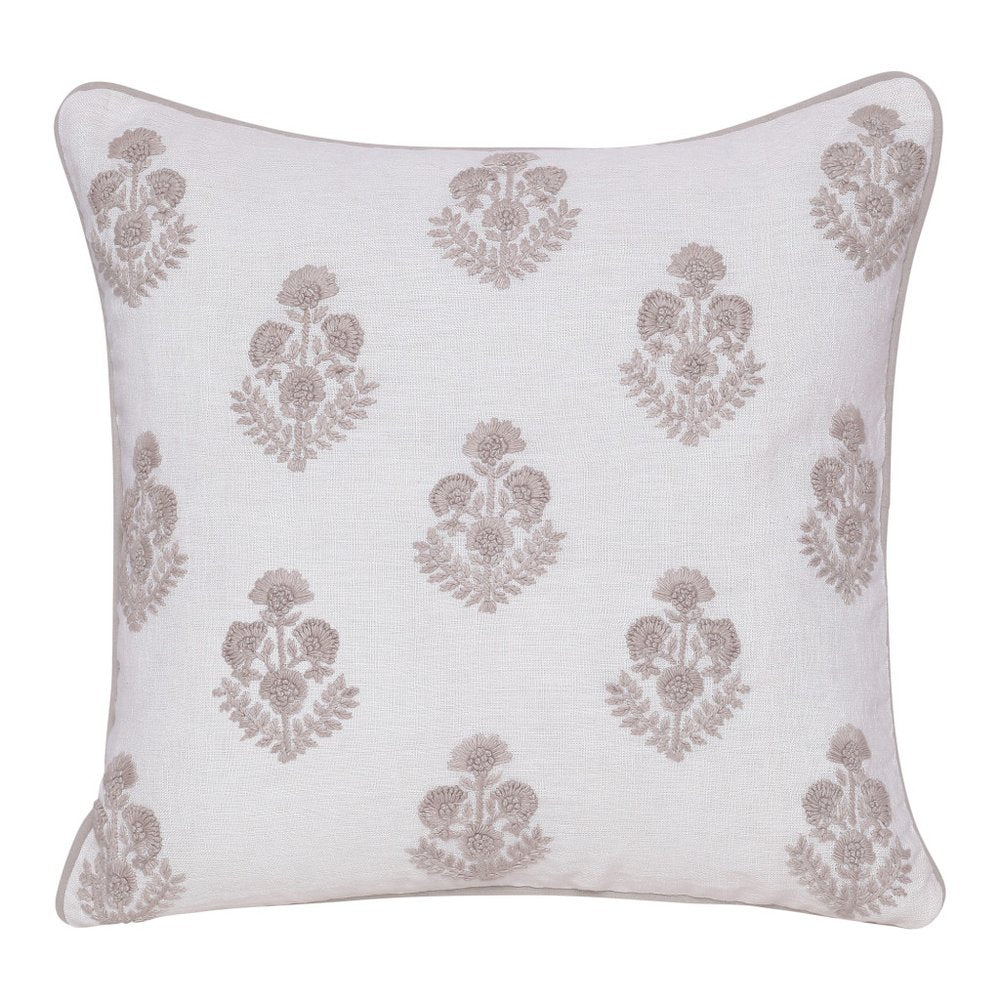 20" Off White And Taupe Floral Linen Throw Pillow Cover