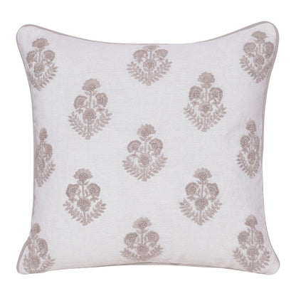 20" Off White And Taupe Floral Linen Throw Pillow Cover with Embroidery