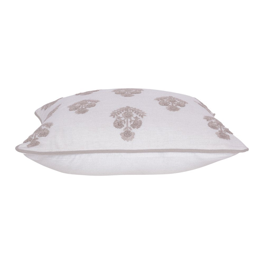 20" Off White And Taupe Floral Linen Throw Pillow Cover with Embroidery
