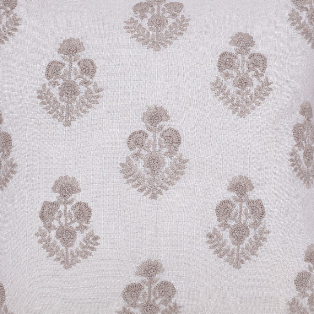 20" Off White And Taupe Floral Linen Throw Pillow Cover with Embroidery