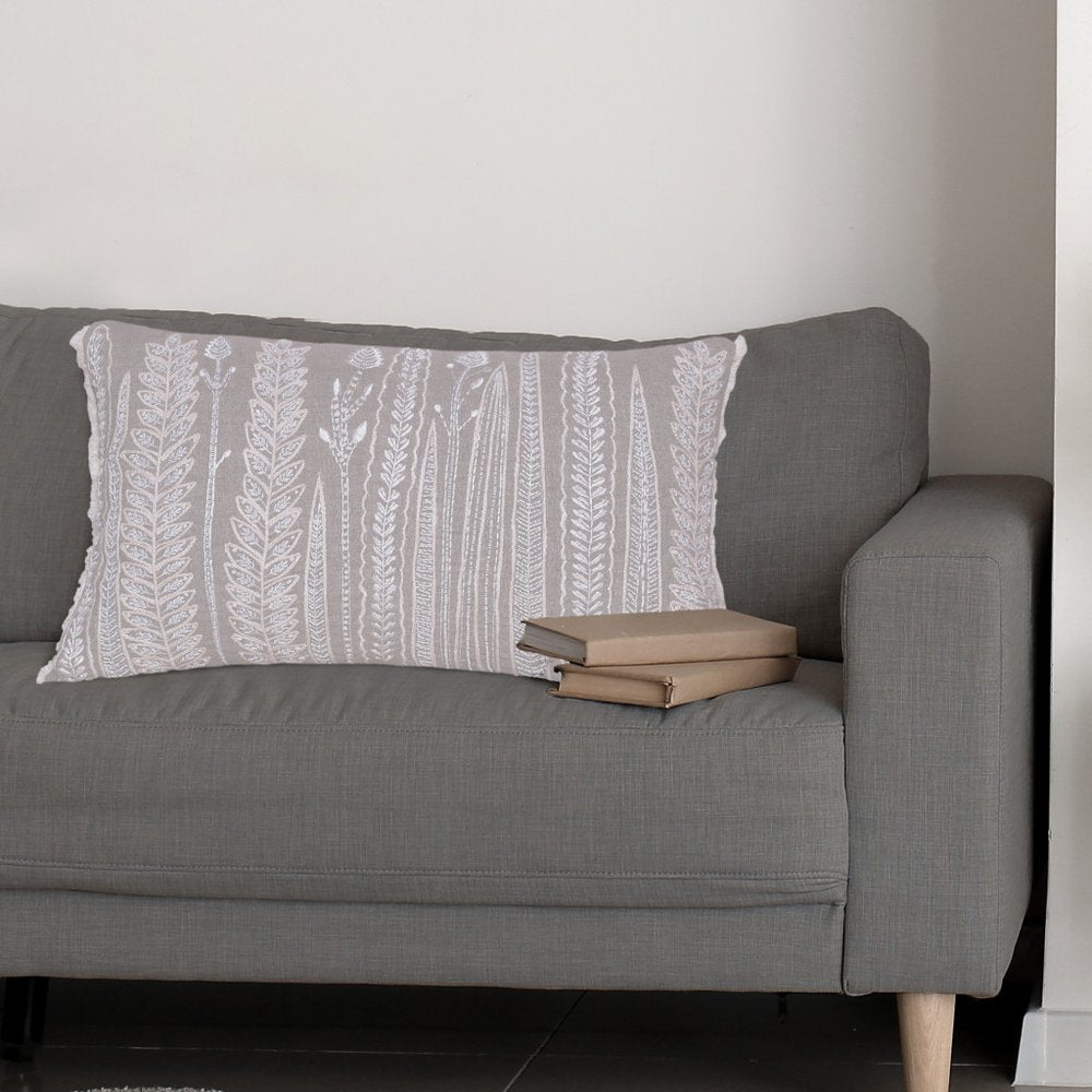 16" X 24" Taupe And Ivory Lumbar Floral Linen Throw Pillow Cover