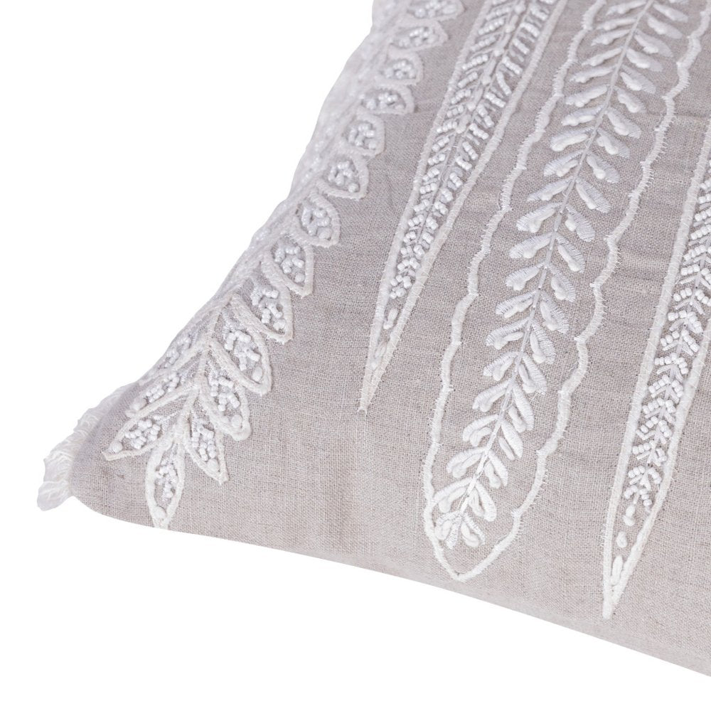 16" X 24" Taupe And Ivory Lumbar Floral Linen Throw Pillow Cover