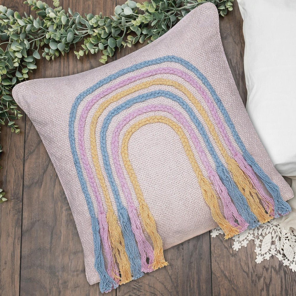 20" Cream Blue And Pink Abstract Cotton Throw Pillow Cover with Fringe Embroidery And Texture