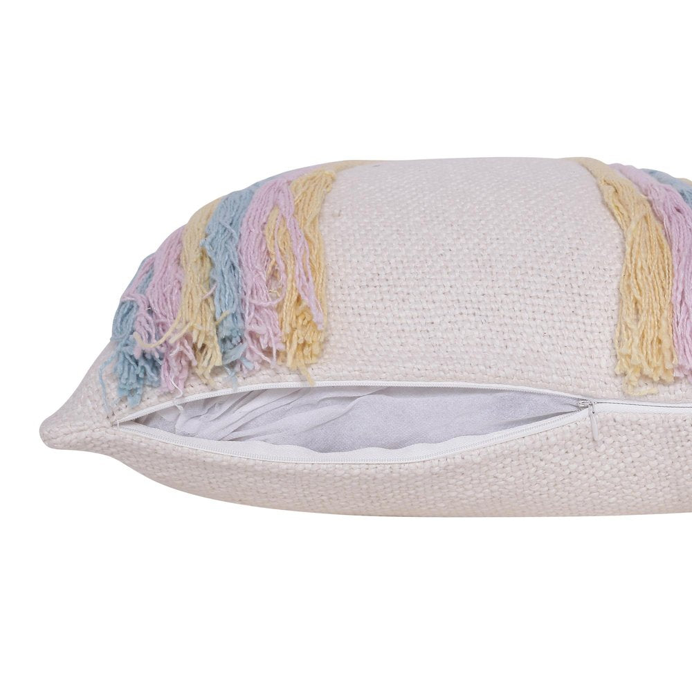20" Cream Blue And Pink Abstract Cotton Throw Pillow Cover with Fringe Embroidery And Texture