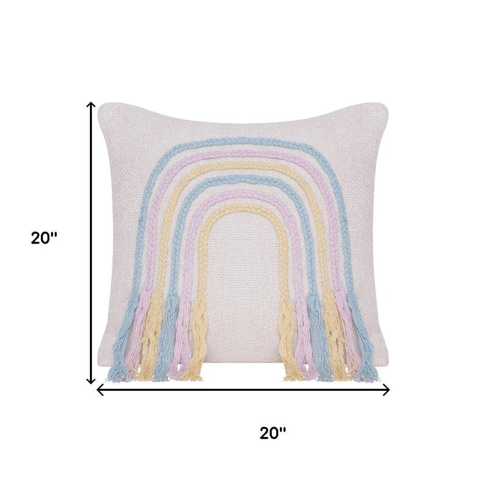 20" Cream Blue And Pink Abstract Cotton Throw Pillow Cover with Fringe Embroidery And Texture
