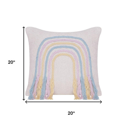 20" Cream Blue And Pink Abstract Cotton Throw Pillow Cover with Fringe Embroidery And Texture