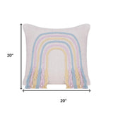 20" Cream Blue And Pink Abstract Cotton Throw Pillow Cover with Fringe Embroidery And Texture