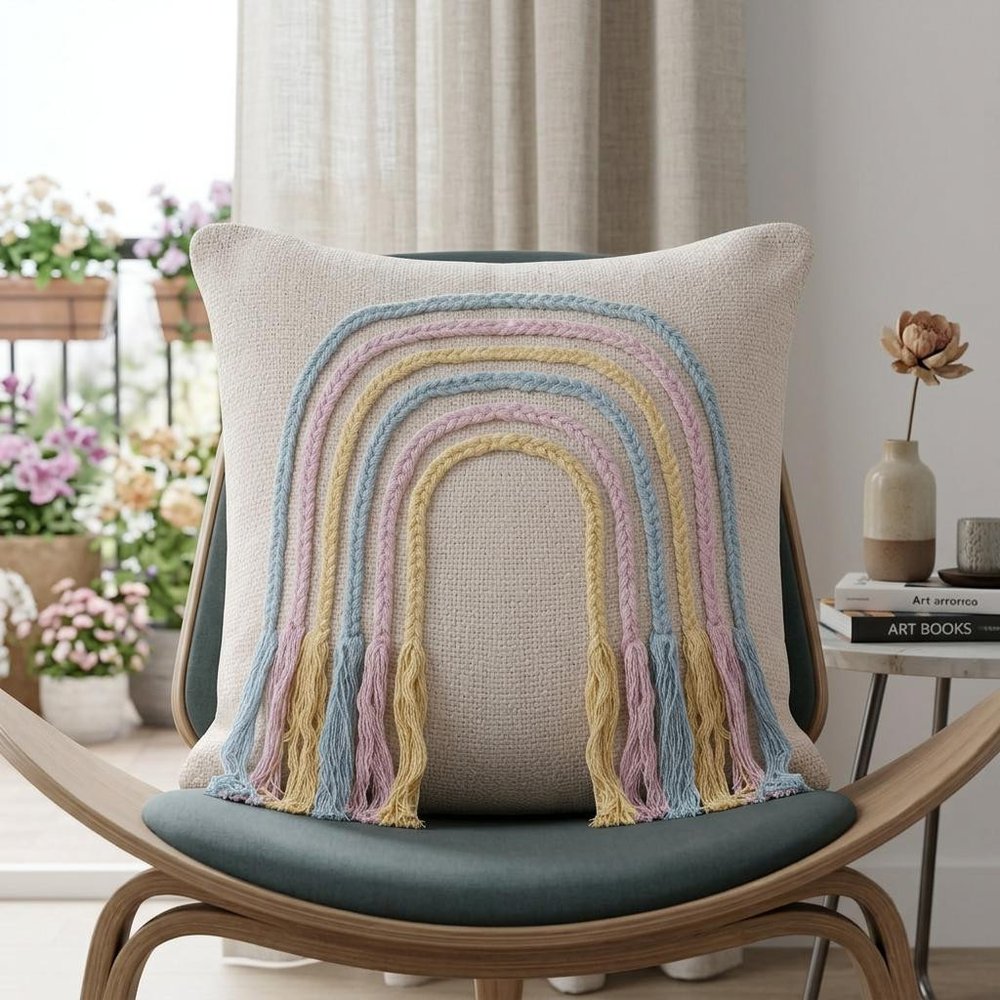 20" Cream Blue And Pink Abstract Cotton Throw Pillow Cover with Fringe Embroidery And Texture