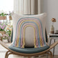20" Cream Blue And Pink Abstract Cotton Throw Pillow Cover with Fringe Embroidery And Texture