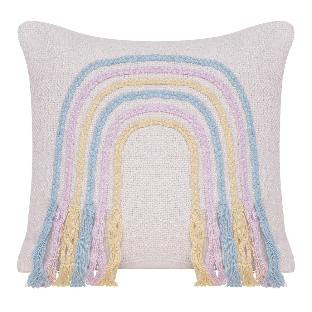 20" Cream Blue And Pink Abstract Cotton Throw Pillow Cover with Fringe Embroidery And Texture