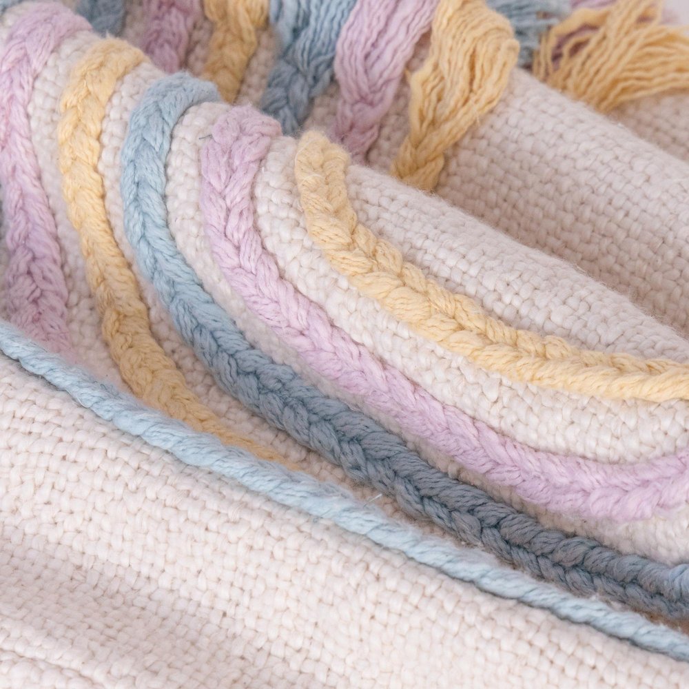20" Cream Blue And Pink Abstract Cotton Throw Pillow Cover with Fringe Embroidery And Texture