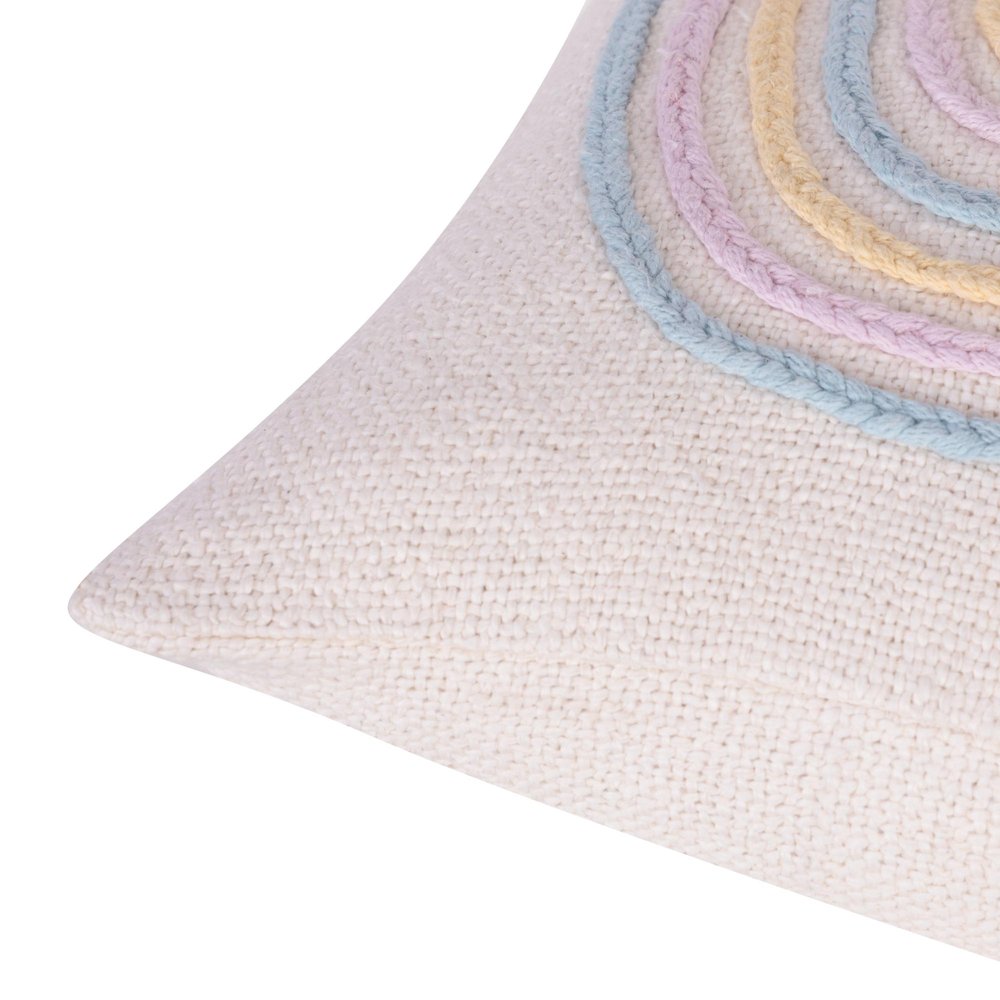 20" Cream Blue And Pink Abstract Cotton Throw Pillow Cover with Fringe Embroidery And Texture