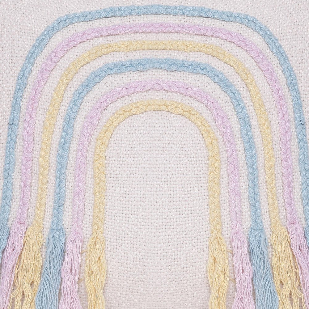 20" Cream Blue And Pink Abstract Cotton Throw Pillow Cover with Fringe Embroidery And Texture